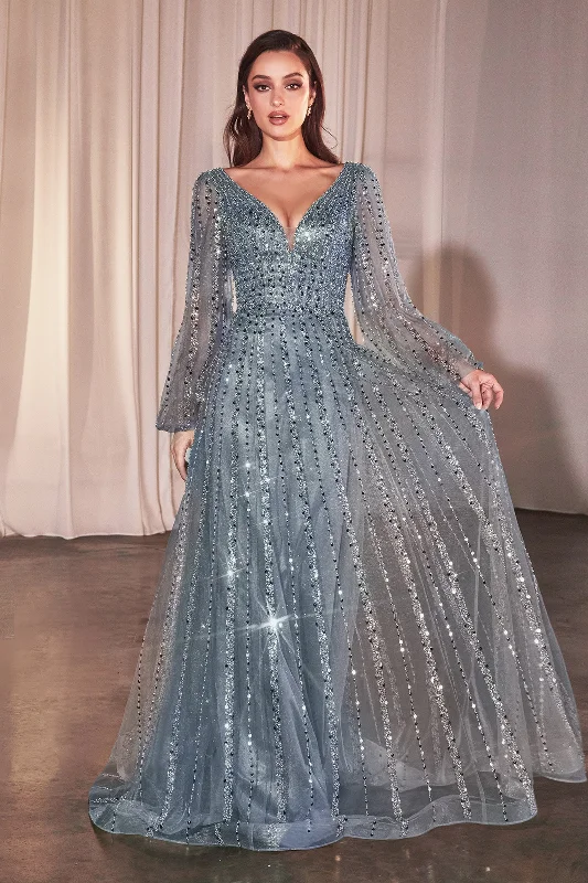 Act Now Beaded Long Sleeve A-line Gown by Ladivine CD0240