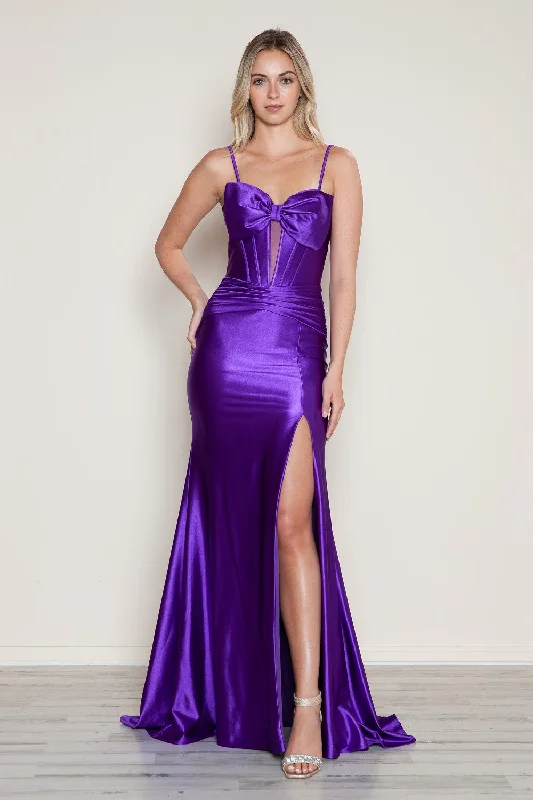 Doorbuster Deal Satin Fitted Sleeveless Slit Gown by Poly USA 9644