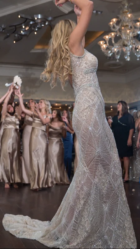 Midnight Madness Berta  Beaded Sheer Lace Column Dress