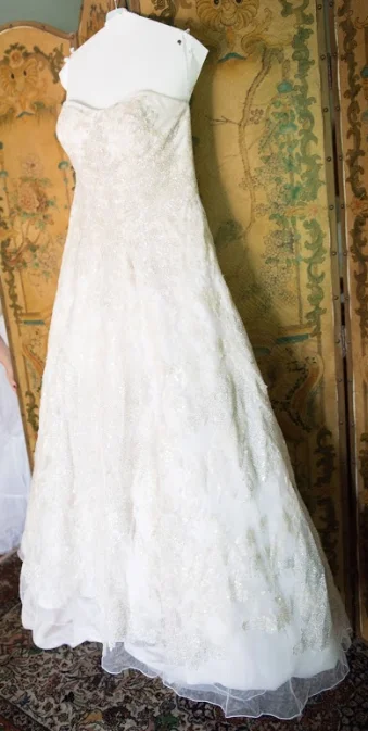 Steals and Deals Oleg Cassini Strapless Sweetheart Ball Gown With Silver and Bronze Lace Accen