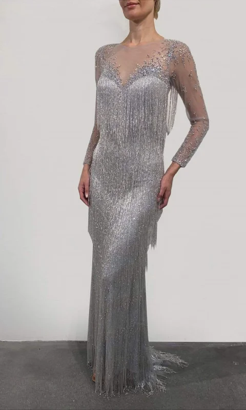 Super Savings Terani Couture - 2111GL5037 Crystal Beaded Fringe-Ornate Gown