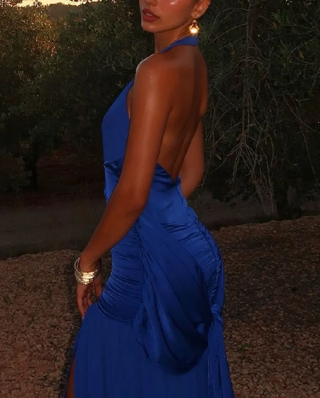 Blowout Deals Sexy Halter Backless Blue Long Prom Evening Dress Y7889