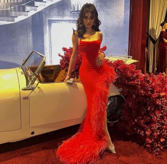 Major Savings Sexy Mermaid Straps Red Prom Dress With Feathers,Long Evening Dress Y7901 Major Savings Sexy Mermaid Straps Red Prom Dress With Feathers,Long Evening Dress Y7901