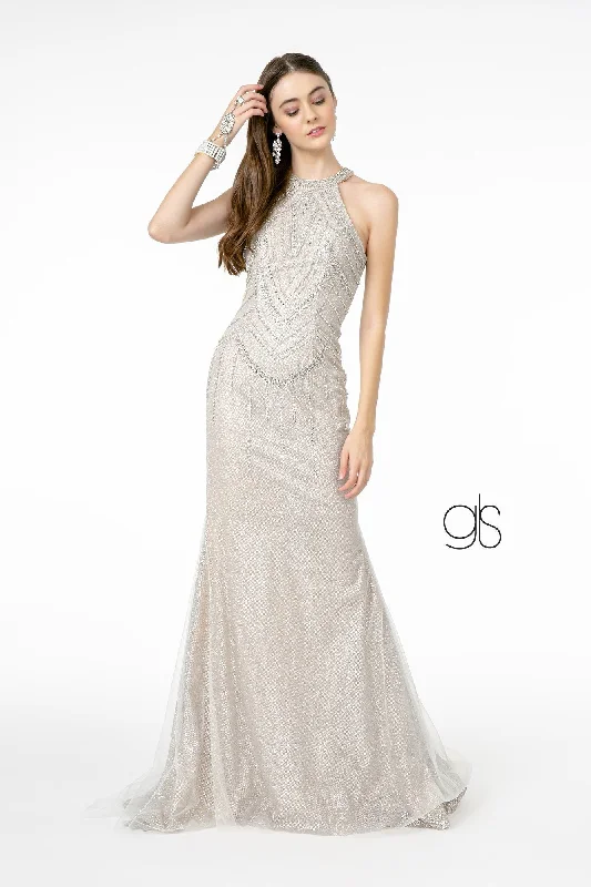 Can't Miss Jeweled High-Neck Glitter Trumpet Dress by Elizabeth K GL1841
