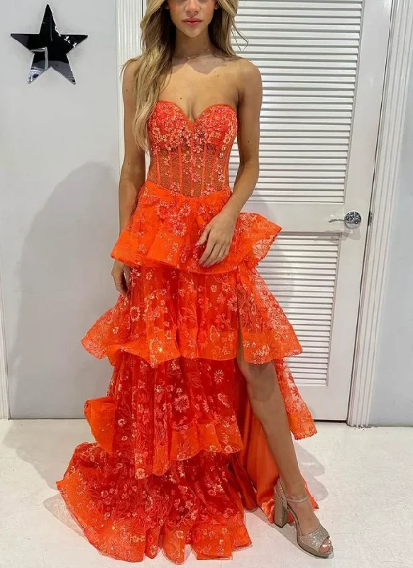 Don't Miss Chic Orange Strapless A-Line Lace Layered Appliques Prom Dress Slit Evening Dress Y7885 Don't Miss Chic Orange Strapless A-Line Lace Layered Appliques Prom Dress Slit Evening Dress Y7885