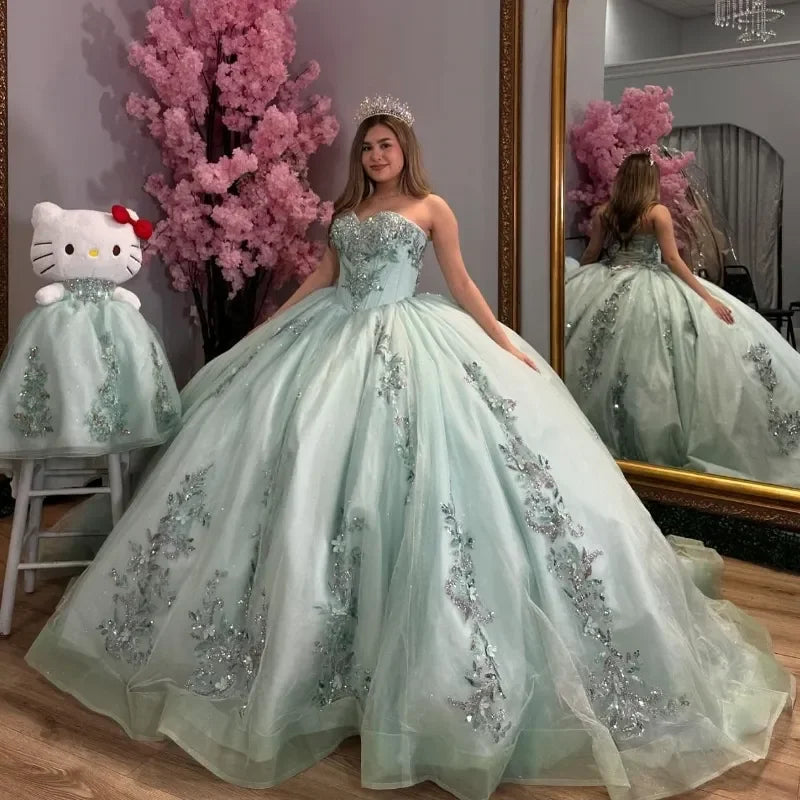 Take Advantage Sparkly Light Green Quinceanera Dresses Sequin Off The Shoulder Ball Gown Appliques Tull Sweet 16 Vestidos De 15 Anos Customized Take Advantage Sparkly Light Green Quinceanera Dresses Sequin Off The Shoulder Ball Gown Appliques Tull Sweet 16 Vestidos De 15 Anos Customized