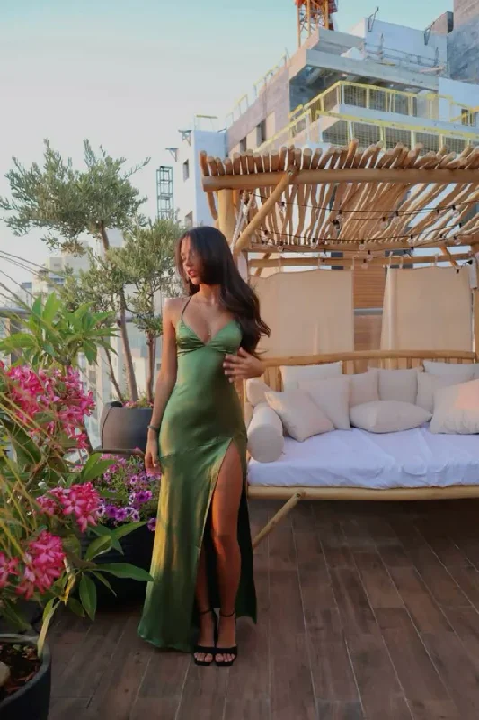 Deal Mania Sexy Spaghetti Straps Green Prom Dress Long Slit Evening Dress Y7912