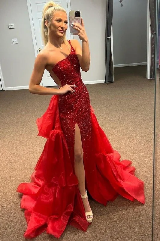 Fantastic Deals Red One Shoulder Mermaid Slit Sequins Long Prom Dress Formal Evening Gown Y7884 Fantastic Deals Red One Shoulder Mermaid Slit Sequins Long Prom Dress Formal Evening Gown Y7884