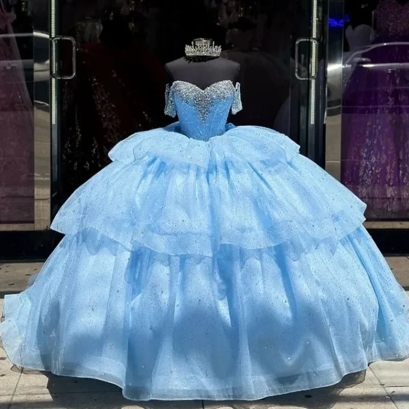 Super Deal Glitter Sky Blue Princess Quinceanera Dresses Beaded Off The Shoulder Ball Gown Tull Tiered Corset Vestido De 15 Anos customized Super Deal Glitter Sky Blue Princess Quinceanera Dresses Beaded Off The Shoulder Ball Gown Tull Tiered Corset Vestido De 15 Anos customized