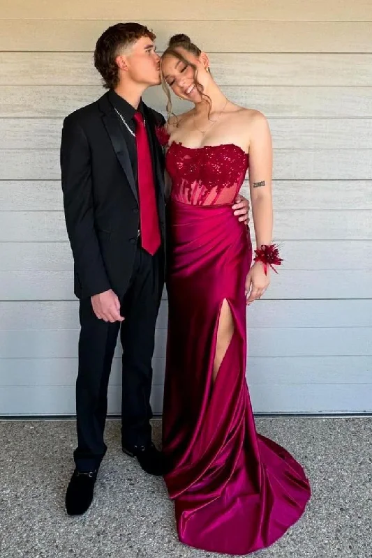 Huge Savings Charming Strapless Burgundy Lace Appliques Long Prom Dress Slit Mermaid Evening Gown Y7883 Huge Savings Charming Strapless Burgundy Lace Appliques Long Prom Dress Slit Mermaid Evening Gown Y7883