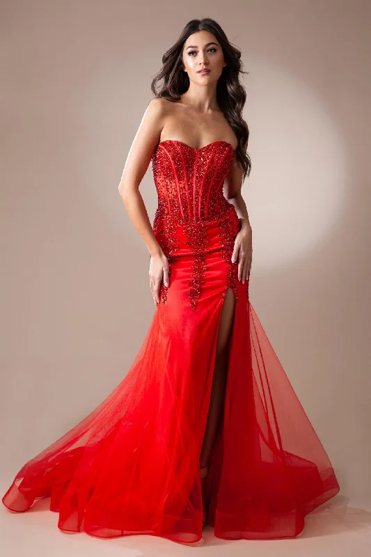 Exclusive Online Offer Fitted Beaded Strapless Slit Gown by Amelia Couture 7051