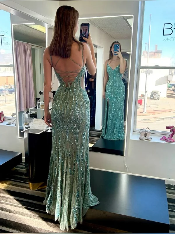 Super Sale Gorgeous Green Spaghetti Straps Tulle Sequins Evening Gown Slit Prom Dress Y7919