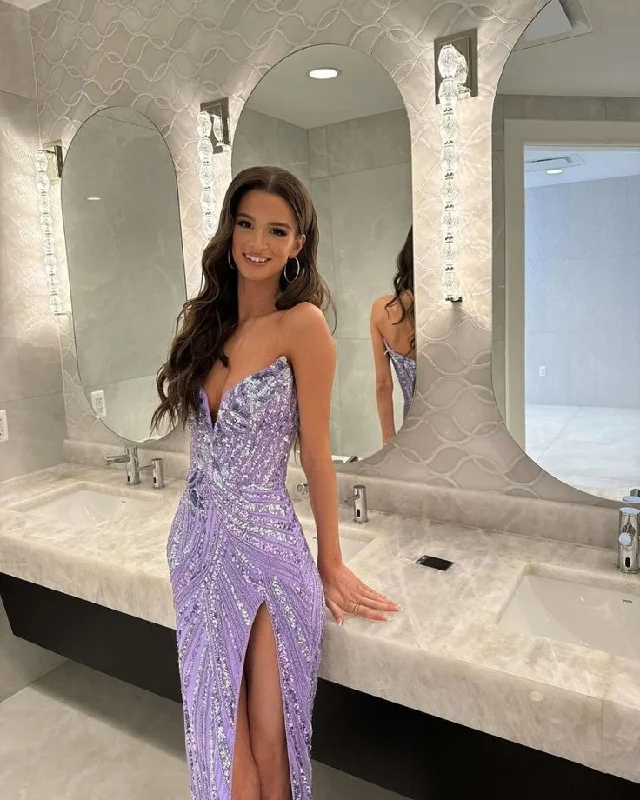 Now or Never Lavender V Neck Sheath Slit Long Prom Evening Dress Y7898