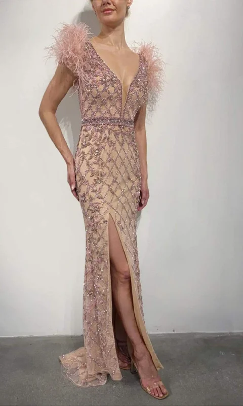 Buy More, Save More Terani Couture - 2027GL3248 Lattice Beaded Hight Slit Gown