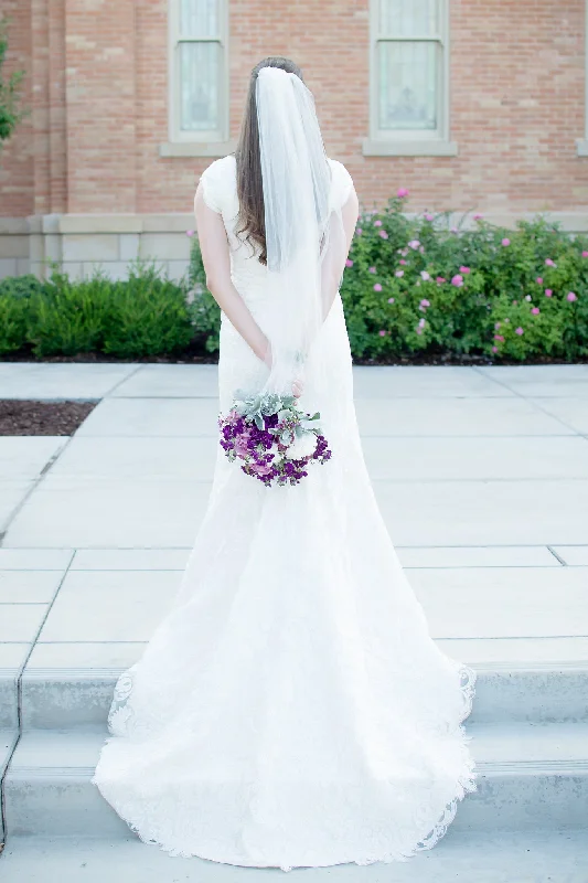 Closeout Stella York High V-Neck Cap Sleeve Fit and Flare Wedding Dress