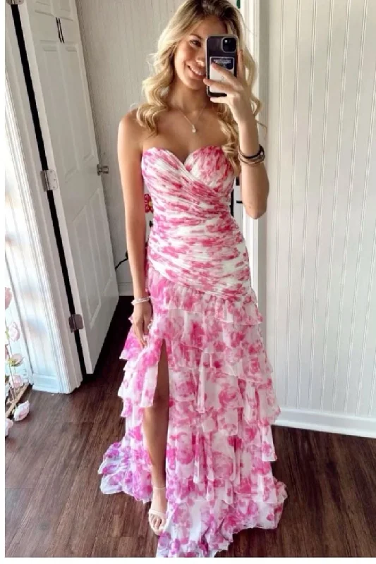 Lowest Prices Pretty Strapless Chiffon Print Floral Layered Evening Dress Slit Prom Dress Y7881 Lowest Prices Pretty Strapless Chiffon Print Floral Layered Evening Dress Slit Prom Dress Y7881