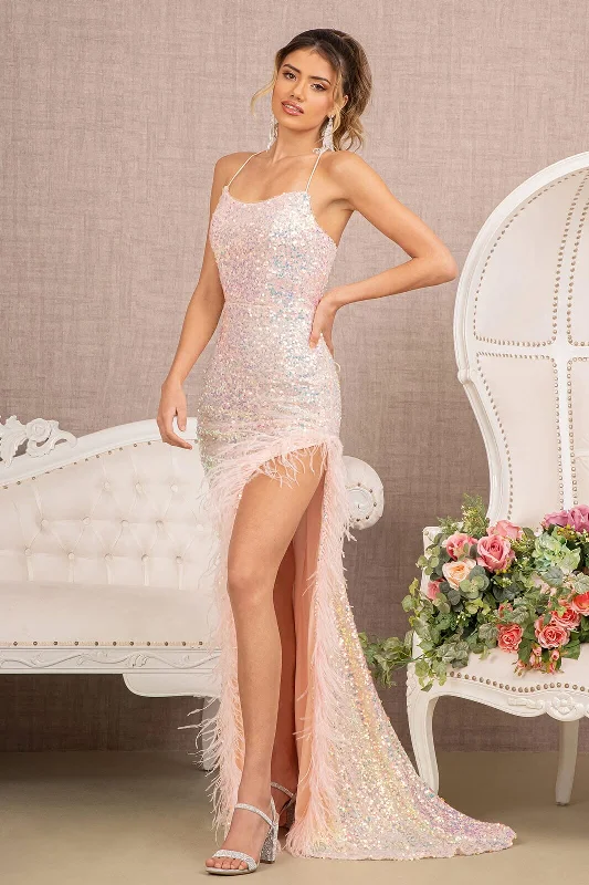 Price Smash Fitted Sequin Feather Slit Gown by GLS Gloria GL3131