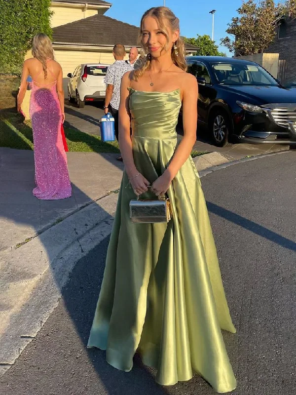 Exclusive Savings Sage Green Strapless Satin Pleated A-line Long Prom Dress Evening Gown Y7905