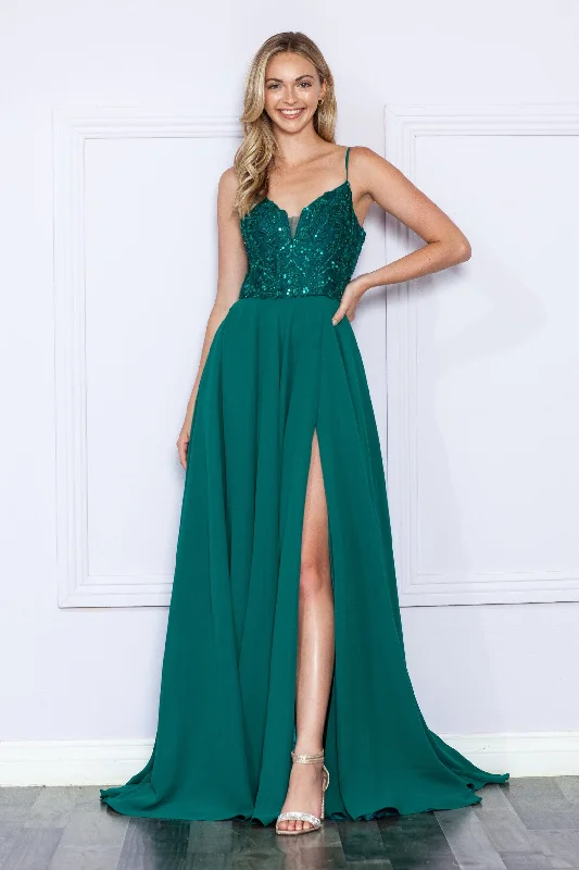 Limited Availability Sequin Embroidered Sleeveless Slit Gown by Poly USA 9368