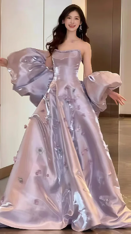 Final Clearance Pretty Lilac Satin Appliques Prom Dress, Strapless A-Line Evening Gown Y7903 Final Clearance Pretty Lilac Satin Appliques Prom Dress, Strapless A-Line Evening Gown Y7903
