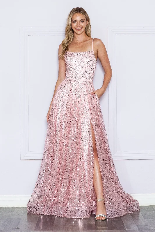 Limited Time Discount Sequin Sleeveless A-line Slit Gown by Poly USA 9290