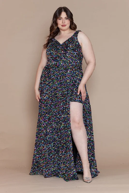 Don’t Miss Out Plus Size Long Sequin V-Neck Dress by Poly USA W1128