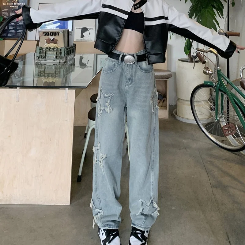 Savings Alert Back To School Outfits High Stree Baggy Jeans Women New High Waist Vintage Washed Pentagram Hiphop Zipper Button Casual Long Wide-leg Pants Savings Alert Back To School Outfits High Stree Baggy Jeans Women New High Waist Vintage Washed Pentagram Hiphop Zipper Button Casual Long Wide-leg Pants