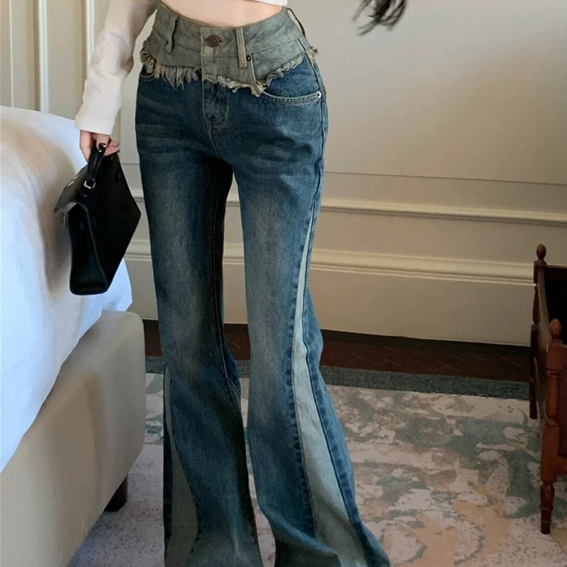 Deal Alert Back To School Outfits High Street Jeans Women Slim High Waist Vintage Spliced Solid Zipper Button Korean Fashion Full Length Flare Pants Deal Alert Back To School Outfits High Street Jeans Women Slim High Waist Vintage Spliced Solid Zipper Button Korean Fashion Full Length Flare Pants