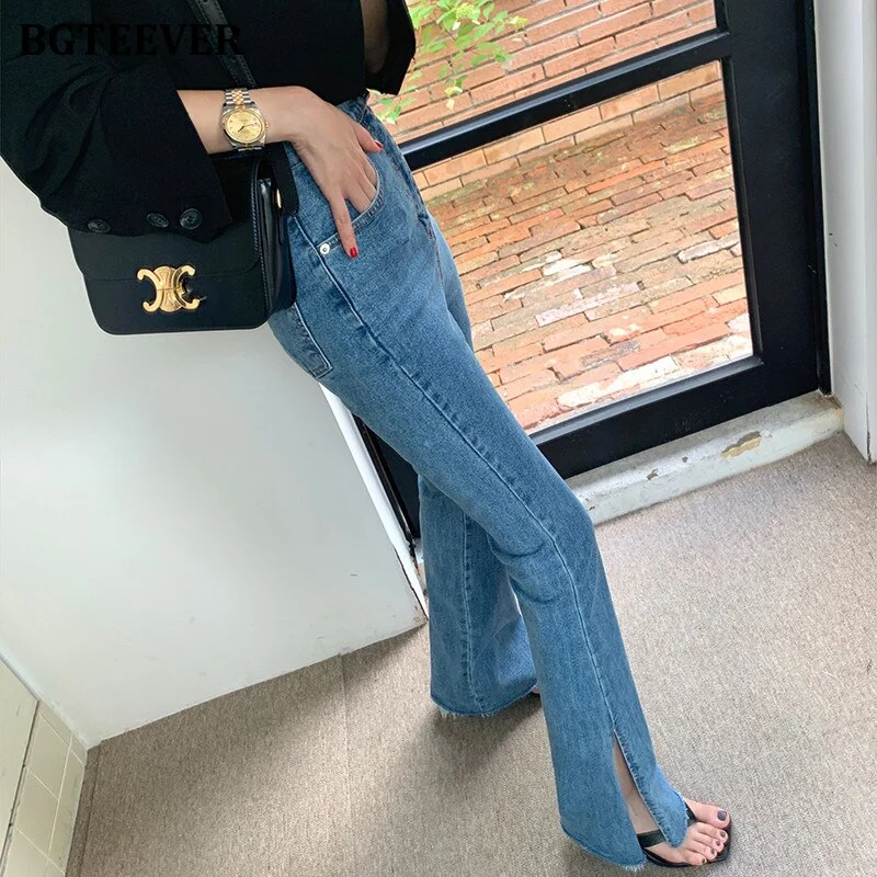 Unmissable Offer Awakecrm BGTEEVER New Fashion Women Double Button Flare Jeans Pants High Waist Stretched Side Split Female Denim Blue Trouser Spring Unmissable Offer Awakecrm BGTEEVER New Fashion Women Double Button Flare Jeans Pants High Waist Stretched Side Split Female Denim Blue Trouser Spring