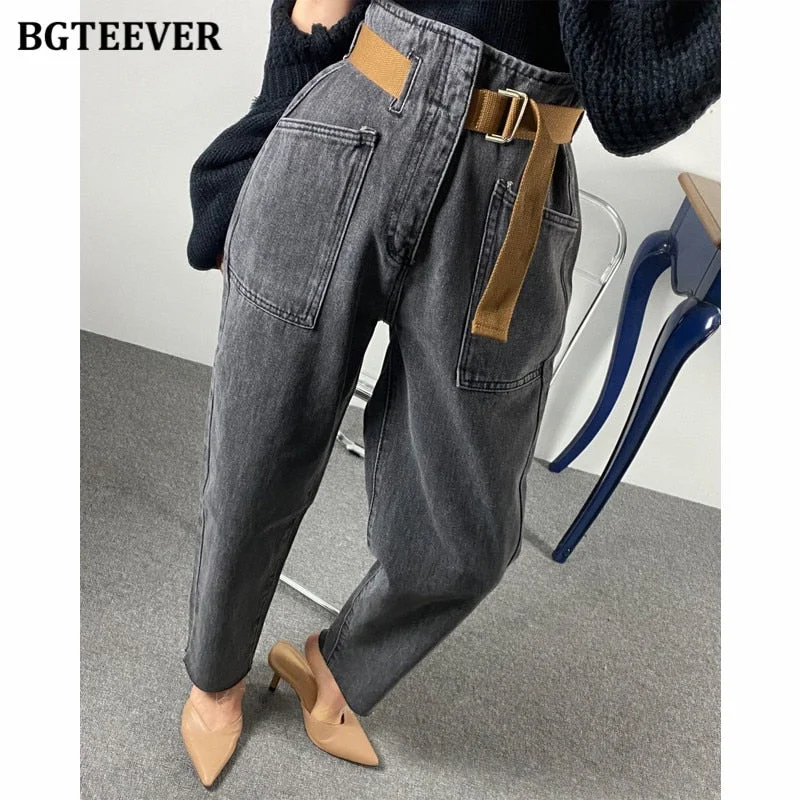 Flash Sale Awakecrm Christmas Gift BGTEEVER  Fashion Belted Harem Jeans Pants Women Vintage Ankle Length Denim Baggy Mom Jean Loose Washed Trousers Mujer