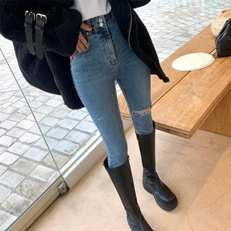 Clearance Sale Awakecrm Christmas Gift BGTEEVER Fashion Chic Double Button Women Pencil Denim Jeans High Waist Skinny Ripped Holes Female Jeans Pants Spring Clearance Sale Awakecrm Christmas Gift BGTEEVER Fashion Chic Double Button Women Pencil Denim Jeans High Waist Skinny Ripped Holes Female Jeans Pants Spring