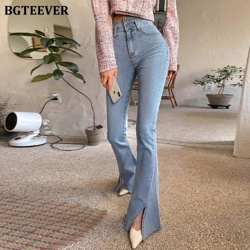 Today Only Awakecrm Christmas Gift BGTEEVER New Spring Split Female Flare Jeans Pants Stylish Chic High Waist Slim Women Denim Trousers Casual Ladies Skinny Jeans