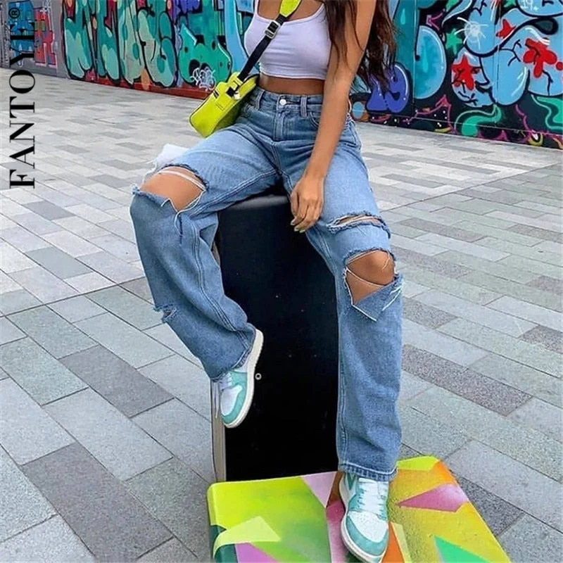 Inventory Reduction FANTOYE Casual Ripped Hole Jeans Pants High Waist Women Harem Korean Streetwear Denim Pants Fashion Harajuku Jogger Summer Inventory Reduction FANTOYE Casual Ripped Hole Jeans Pants High Waist Women Harem Korean Streetwear Denim Pants Fashion Harajuku Jogger Summer