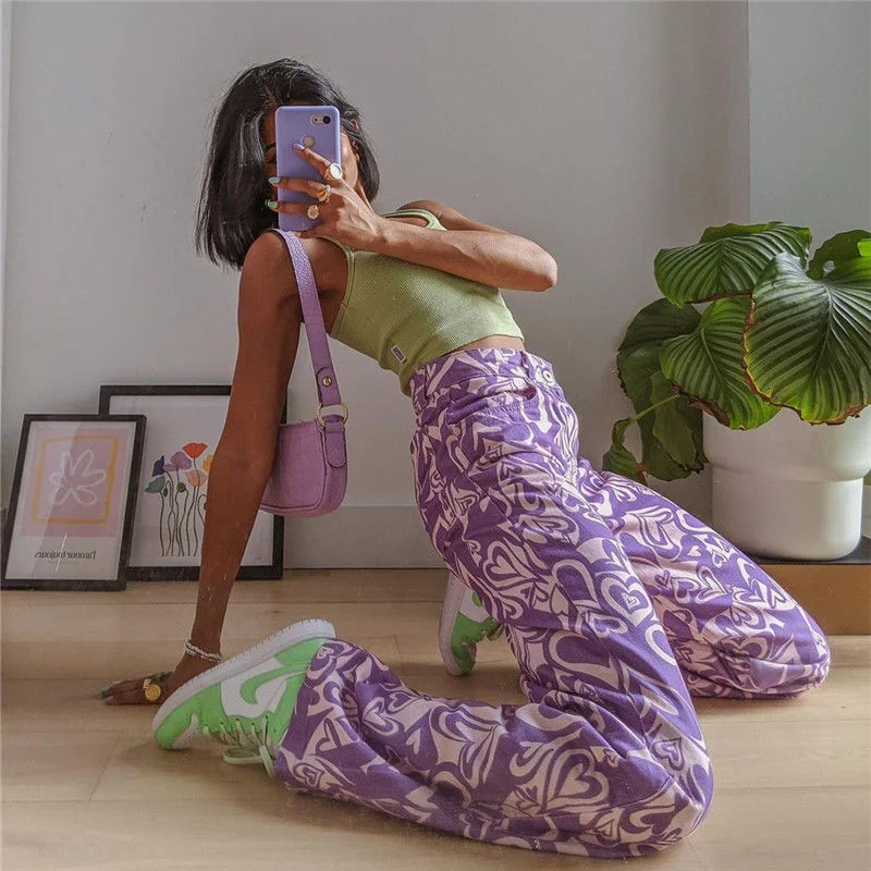 Price Smash Awakecrm Joskaa Printed Love Pattern Jeans Women's Personality Street High Waist Vibe Style Pants Loose And Thin European And American Style Price Smash Awakecrm Joskaa Printed Love Pattern Jeans Women's Personality Street High Waist Vibe Style Pants Loose And Thin European And American Style