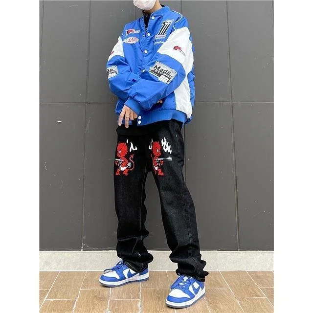 Deal Explosion Awakecrm Spring Fashion Jeans Straight Pants Men And Women Retro Streetwear Jeans Men's Devil Print Hip Hop Loose Straight Wide Leg Pants Deal Explosion Awakecrm Spring Fashion Jeans Straight Pants Men And Women Retro Streetwear Jeans Men's Devil Print Hip Hop Loose Straight Wide Leg Pants