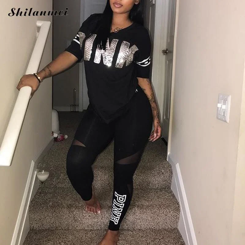 Online Exclusive Casual 2 Piece Sets Women'S Pink Tracksuits Set Letter Print Plus Size Sweatsuit 3xl Top Ans Skinny Pants Two Piece Sportsuits