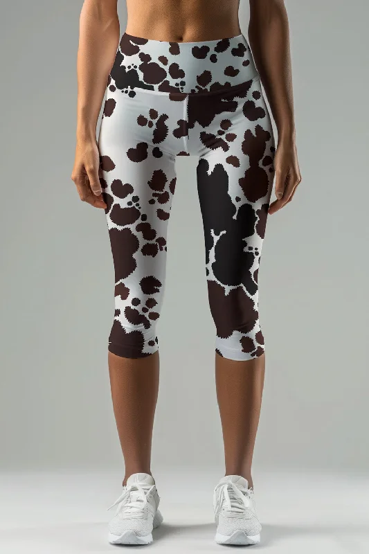 Reduced Prices Cowgirl Ellie White Brown Cow Animal Print Yoga Capri Leggings - Women