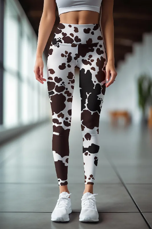 Exclusive Preview Cowgirl Lucy White Brown Cow Print Workout Leggings Yoga Pants - Women