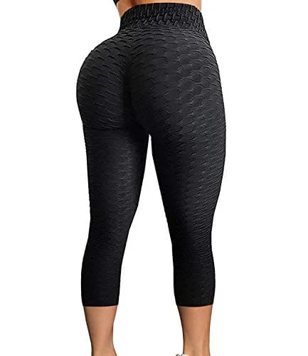 Closeout FITTOO Women's High Waist Textured Yoga Pants Tummy Control Scrunched Booty Capri Leggings Workout Running Butt Lift Textured Tights Black