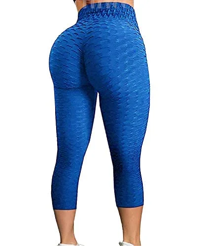 Best Bargains FITTOO Women's High Waist Yoga Pants Tummy Control Scrunched Booty Capri Leggings Workout Running Butt Lift Textured Tights Blue