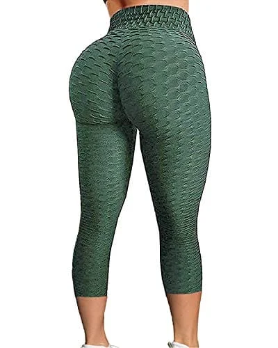 Act Fast FITTOO Women's High Waist Textured Yoga Pants Tummy Control Scrunched Booty Capri Leggings Workout Running Butt Lift Textured Tights Peacock Green