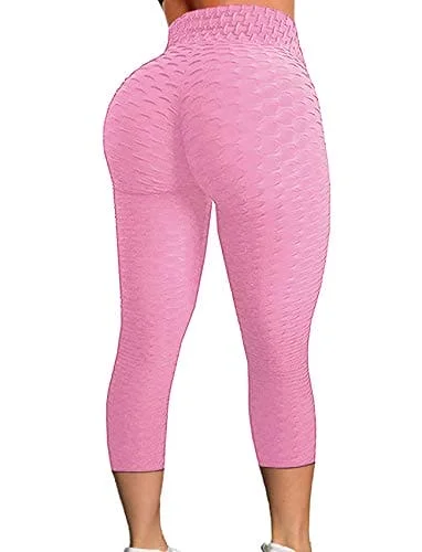 Bonus Savings FITTOO Women's High Waist Yoga Pants Tummy Control Scrunched Booty Capri Leggings Workout Running Butt Lift Textured Tights Pink