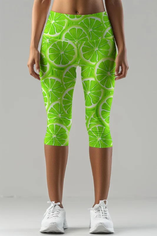 Buy Now Lime Avenue Ellie Green Lemon Printed Gym Yoga Capri Leggings - Women