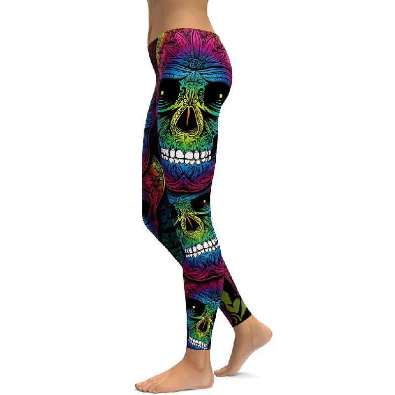 Can't Miss Rainbow Skull Leggings Women Plus Size Leggings Workout Casual High Waist Slim Pants S~4XL Plus Size Leggings