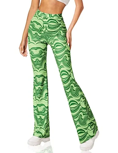 Stock Clearance SOLY HUX Women's Printed High Waisted Bell Bottom Flare Leg Pants Green Allover Print M