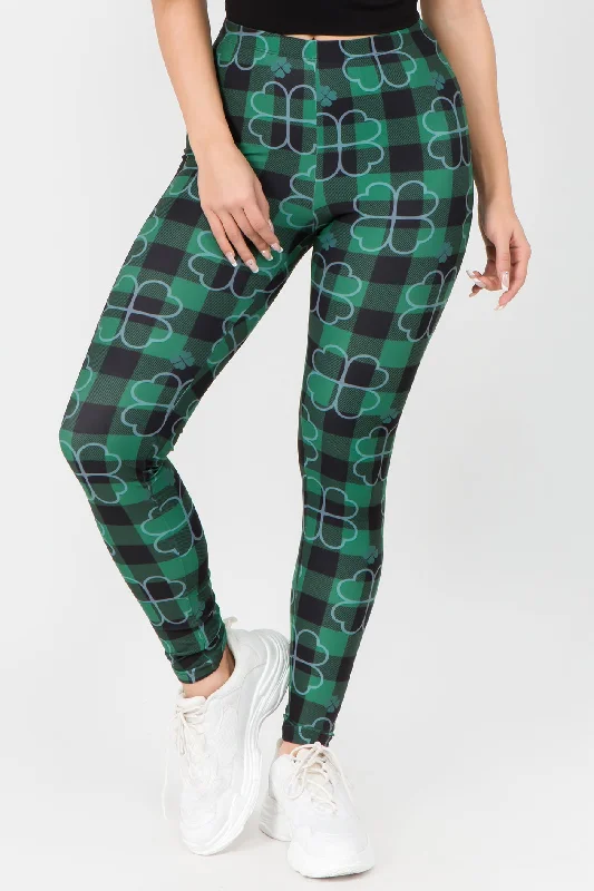 Weekend Deal Stay Lucky Plaid 4-Leaf Clover Printed Leggings