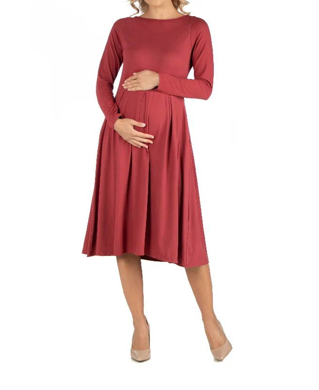 Limited Edition 24seven Comfort Apparel Midi Length Fit Flare Pocket Maternity Dress