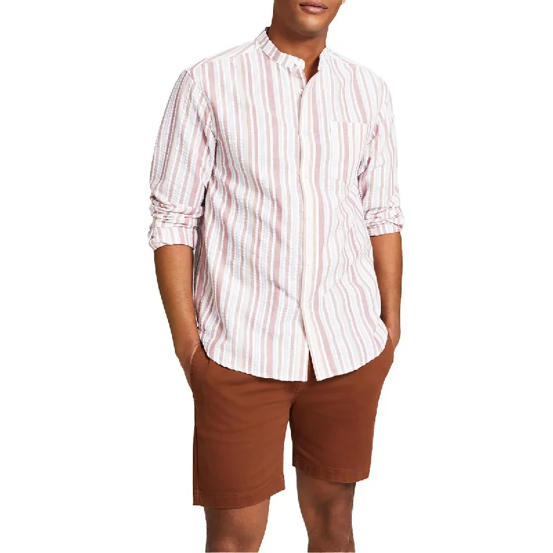 Midnight Sale And Now This Mens   Banded Collar Striped Button-Down Shirt