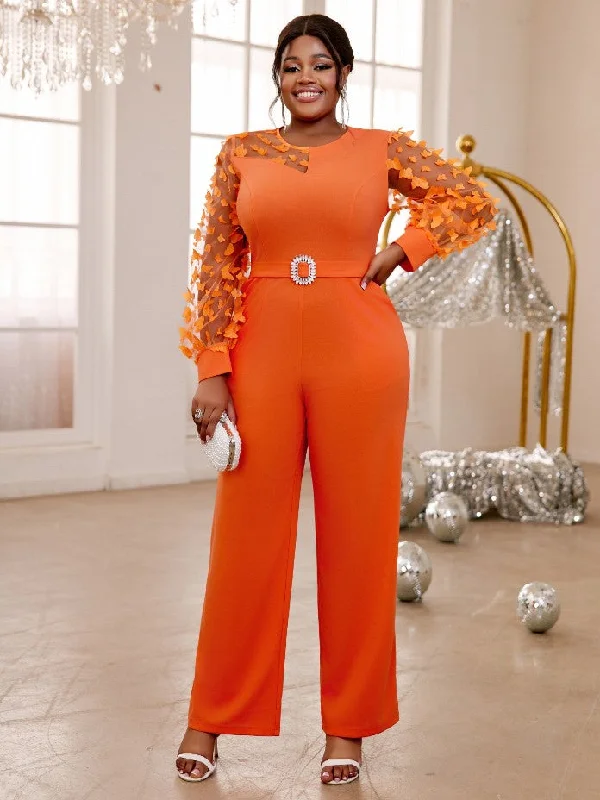 Special Savings AOMEIDRESS Orange Jumpsuit O Neck Sheer Long Sleeve 3D Butterfly