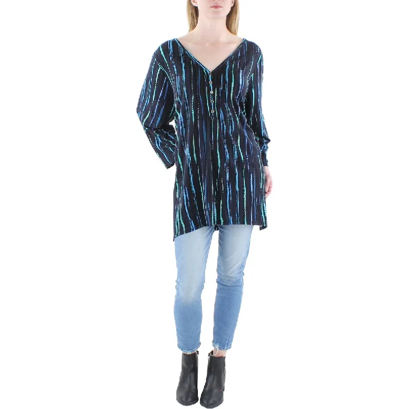 Midnight Madness Avenue Womens Plus Abstract Stripe V-Neck Pullover Top
